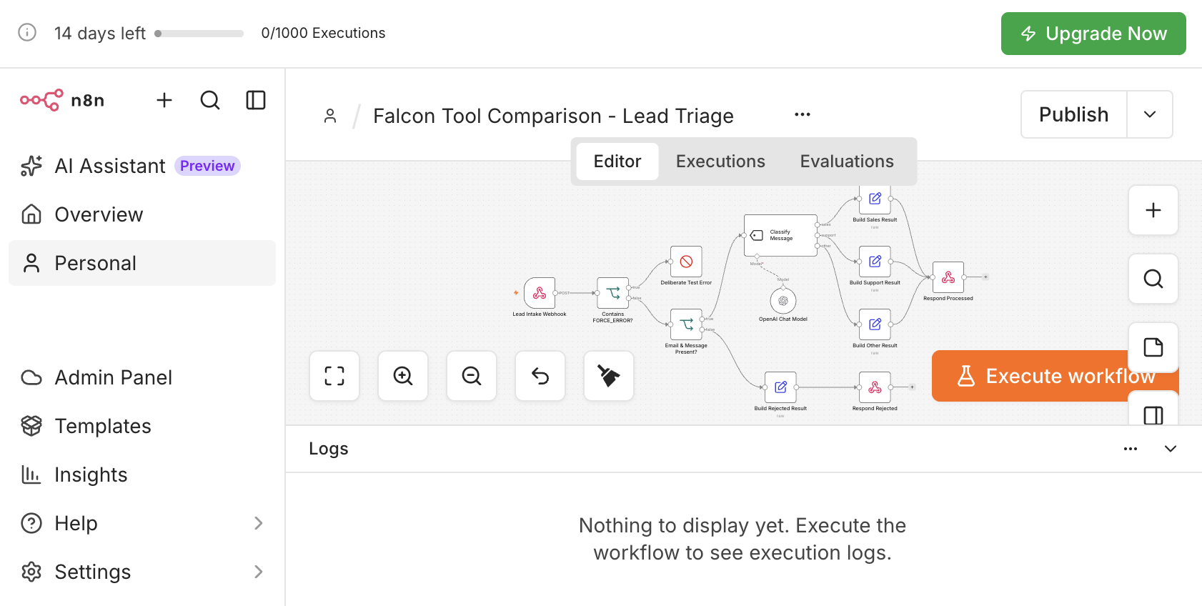Workflow testowy w n8n: webhook, walidacja, klasyfikacja i trzy ścieżki odpowiedzi